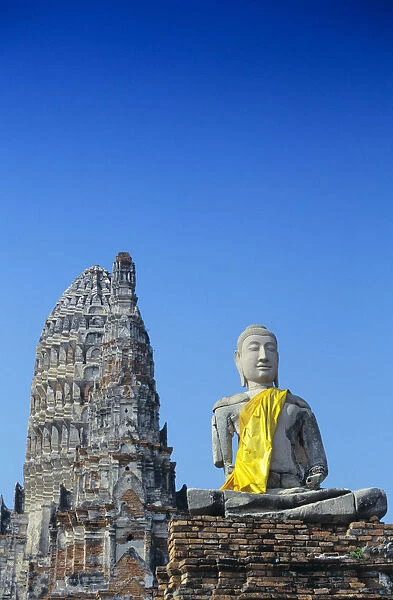 Thailand, Ayuthaya, Wat Chai Wattanaram, Buddha Statue And Temple
