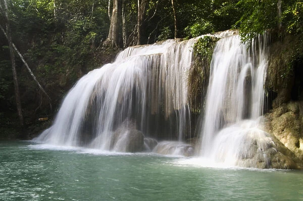 Thailand, Kanchanaburi Province, Erawan National Park, One Of The Falls From The 7-Tiered Erawan Waterfall