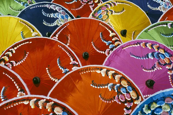 Thailand, Silk Umbrella Factory, Close-Up Of Many Colorful Umbrellas