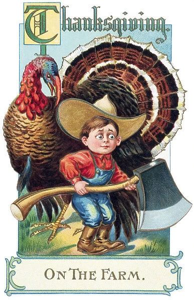 Thanksgiving Greeting Card With Illustration Of Boy And Turkey From 20th Century