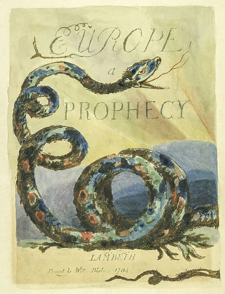 Title page of Europe a Prophecy, first published in 1794. By English poet and artist William Blake, 1757 - 1827. The snake is thought to represent Orc also called Luvah, symbolic of love and revolution in Blakes mythology