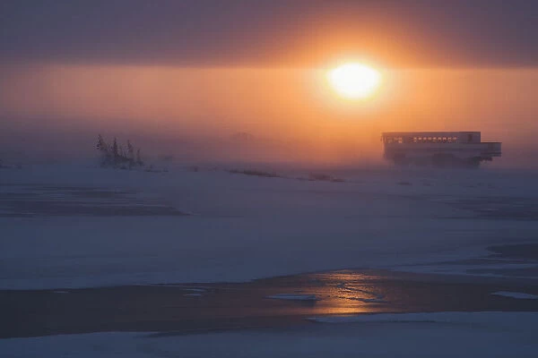Tour Buggy at sunset in blowing snow, Churchill, Manitoba, Canada