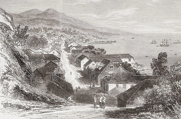 The town of Basse-Terre, Guadaloupe department of France, Lesser Antilles, seen here in the 19th century. From The Illustrated London News, published 1865
