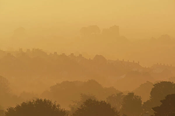 The Town And Castle Of Lewes Early On A Misty, Autumnal Morning, East Sussex, Uk