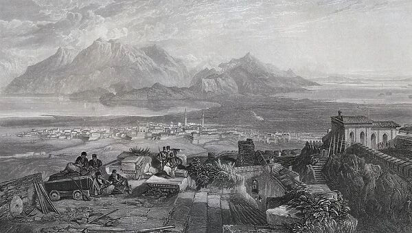 Town And Isthmus Of Corinth Seen From The Acropolis Engraved By W. Miller After S. Bough From The Imperial Bible Dictionary Published By Blackie & Son Circa 1880S
