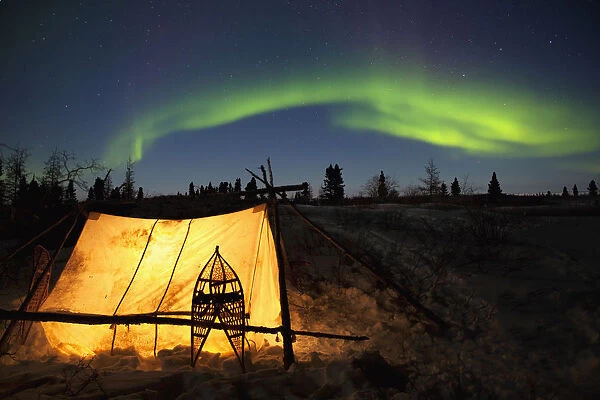 Trappers Tent Lit Up With Aurora Borealis At Wapusk National Park In Canadas North Near Churchill; Manitoba Canada