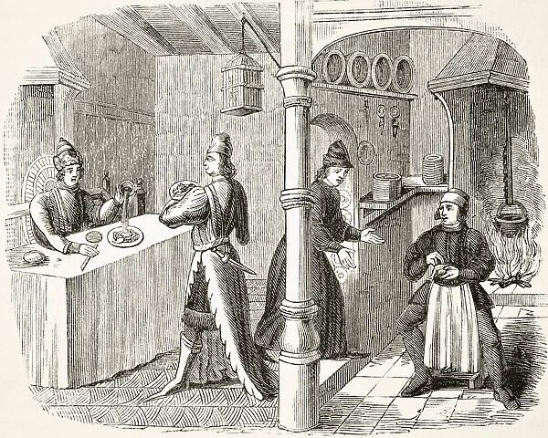Typical Fifteenth Century Dining Room And Kitchen. From The National And Domestic History Of England By William Aubrey Published London Circa 1890