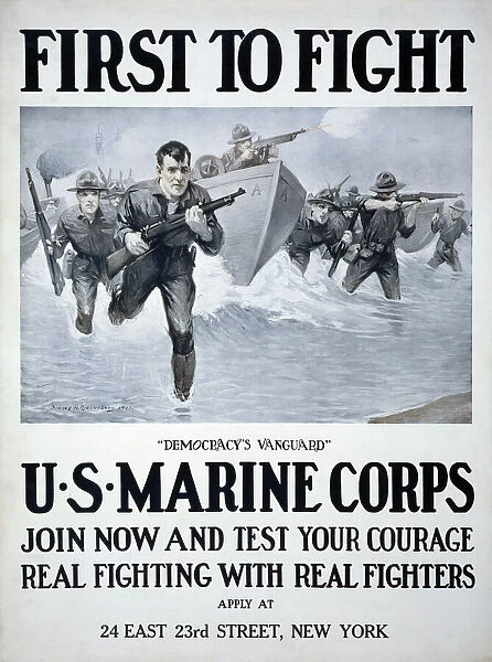 U. S. Marine Corps recruiting poster published 1917. After a work by illustrator Sidney H. Riesenberg, 1885-1971