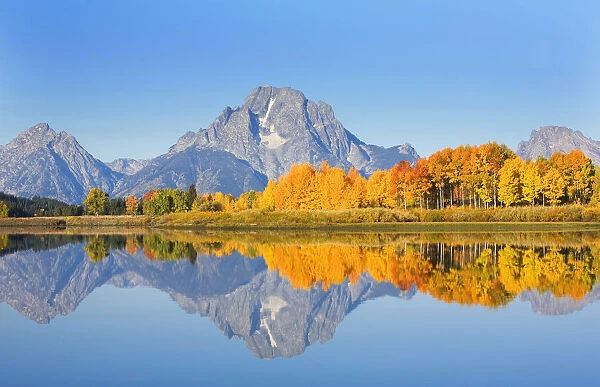 USA, Grand Teton National Park; Wyoming, Mount Moran In Distance, Landscape Of Oxbow Bend On Snake River