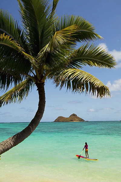 USA, Hawaii Islands, Oahu, Female Stand Up Paddler On Her Way To Mokulua Islands; Lanikai Beach