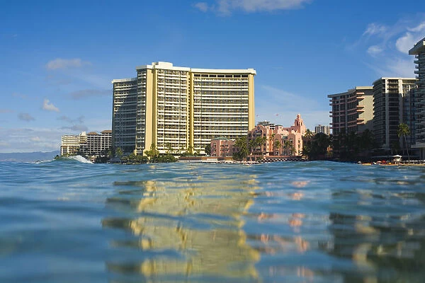 USA, Hawaii, Oahu, Honolulu, Sheraton Waikiki And Royal Hawaiian Hotel seen from Pacific ocean; Waikiki