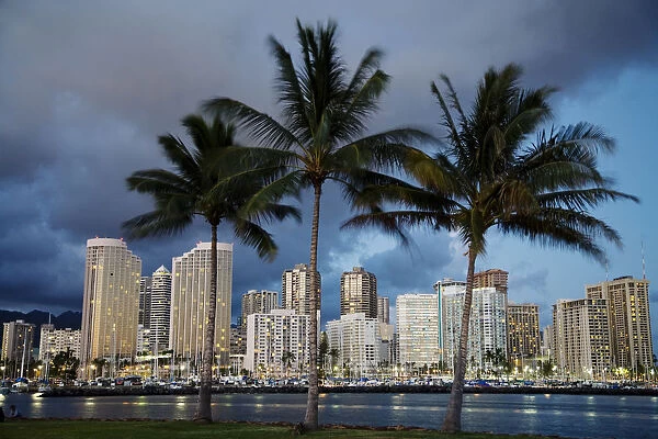 USA, Hawaii, USA, Hawaii, Oahu, Evening View of City From Magic Island; Waikiki