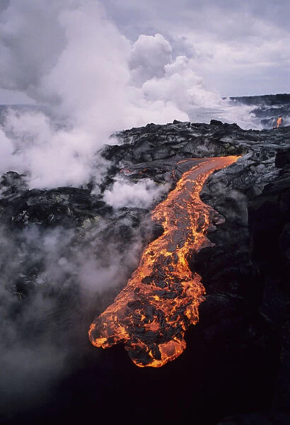 USA, Hawaii, USA Volcanoes National Park; Big Island, Hawaii, Steam Clouds In Distance, Molten Lava Flow
