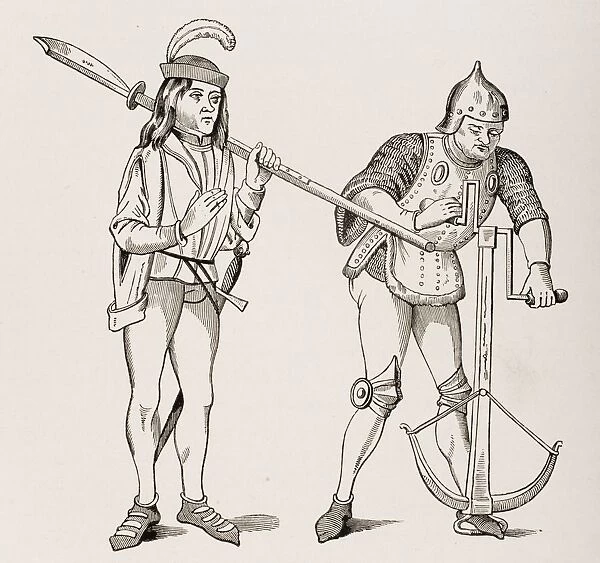 Varlet Or Squire Carrying Thick Bladed Halberd And Archer In Fighting Dress Drawing Crossbow String With Double Handled Winch. From 15Th Century Miniatures