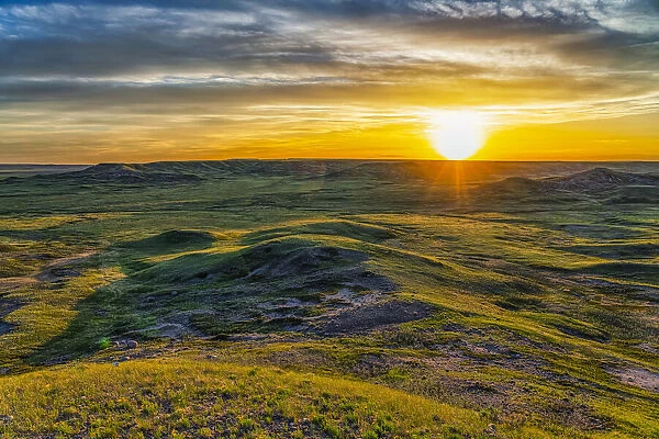 Vast landscape at dusk, Grasslands National Park, Saskatchewan, Canada