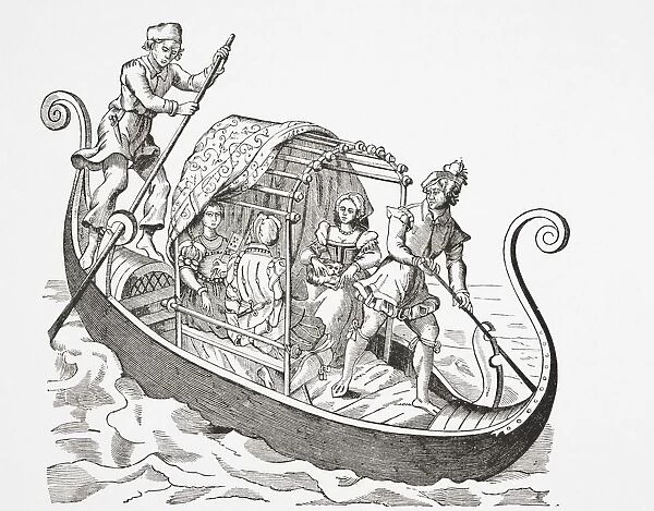 Venetian Gondola. From The Grand Procession Of The Doge Of Venice, Attributed To Jost Amman, Published Frankfurt 1597. From Science And Literature In The Middle Ages By Paul Lacroix Published London 1878
