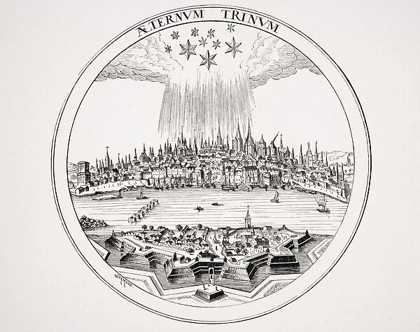View Of Cologne In 16Th Century From Copper Engraving In P. BertiusA┼¢S Theatrum Geographicum. The Three Large Stars May Represent The Holy Trinity And The Seven Smaller Ones The Electors Of The Empire