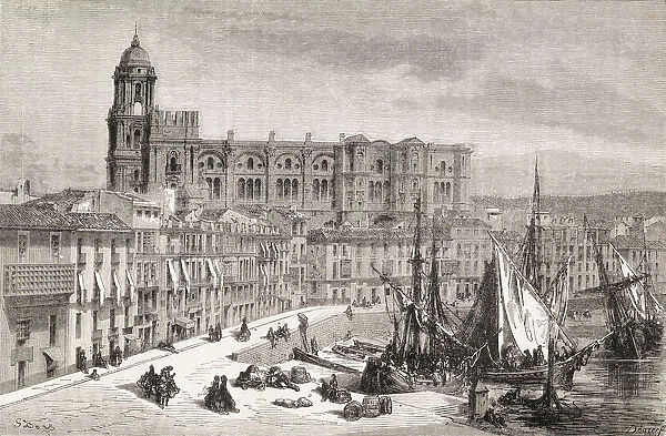 View Of Malaga Harbour And Cathedral, Spain, During The 19Th Century. From El Mundo En La Mano, Published 1878