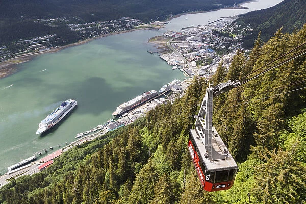 View Of The Mount Roberts Tramway Above Juneau And Cruise Ships In Gastineau Channel, Southeast Alaska, Summer