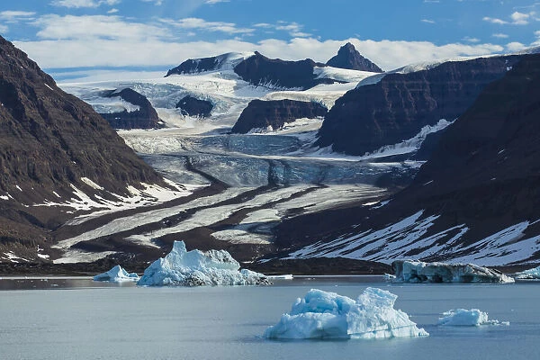 View of a tidewater glacier and snowy mountains