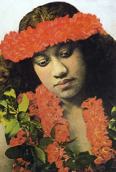 Vintage, tinted photograph of Hula Girl wearing red lei, Studio Shot