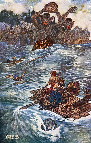 The Third Voyage Of Sinbad The Sailor. Illustration By Charles Folkard From The Book The Arabian Nights Published 1917