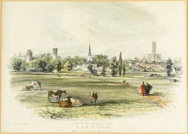 Warwick, (From St. Nicholas Meadow) 2 Miles West Of Leamington, England. 19Th Century Print Drawn From Nature And On Stone By J. Brandard