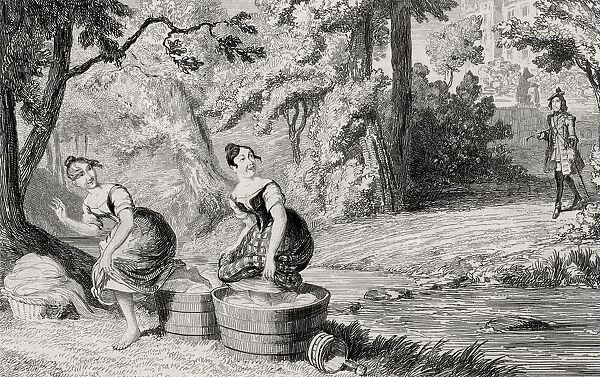 Washerwomen Disturbed By Waverley Engraving By George Cruikshank Dated 1842 Of A Scene From Sir Walter Scotts Novel Waverley