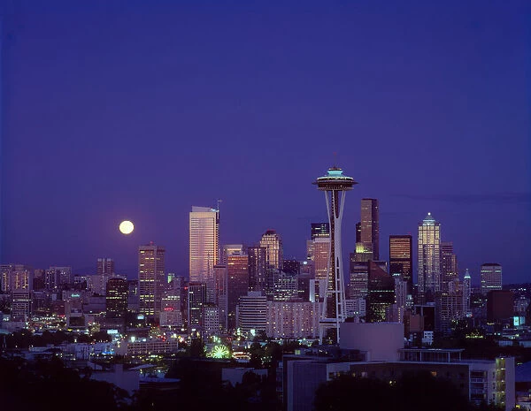 Washington, Seattle, Downtown Skyline With Moonrise Twilight Overview A50E