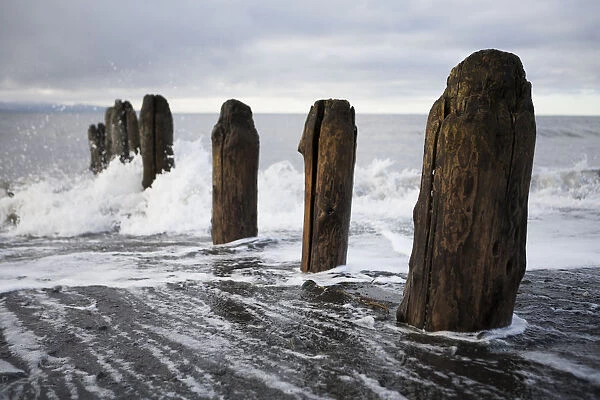 Waves Splashing Against Wooden Tide Posts In Kachemak Bay; Alaska, United States Of America