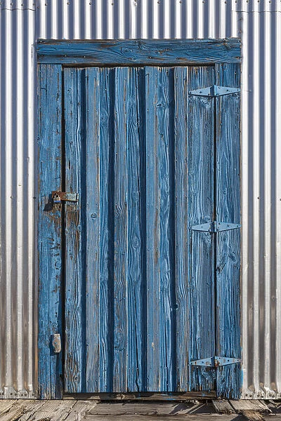 Weathered blue wooden shed door, Kobuk, Northwestern Alaska, USA