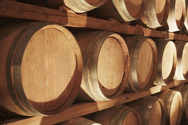 Wine Barrels Stacked On Shelves; Niagara Ontario Canada