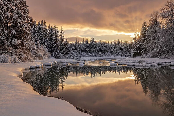 Winter scene of Mendenhall River in Tongass Forest with a warm sunset glow, Juneau, Alaska, USA