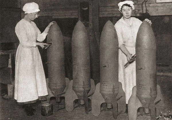 Women Took Over Many Mens Jobs During World War One, Thereby Leaving The Men Free To Fight. Seen Here The Women Are Putting A Coat Of Paint On Aerial Bombs. From The Pageant Of The Century, Published 1934