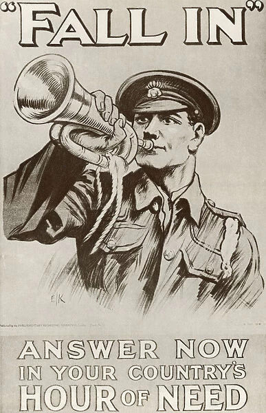World War One Recruitment Poster With The Words Fall In Answer Now In Your Countrys Hour Of Need. From The Story Of 25 Eventful Years In Pictures Published 1935