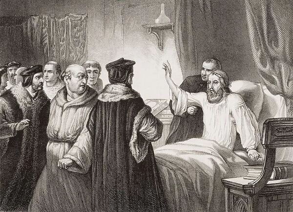 Wycliffe On His Sick Bed Assailed By The Friars At Oxford 1378. John Wycliffe, Also Spelled Wycliff, Wyclif, Wicliffe, Wiclif, C. 1330-1384, English Theologian, Philosopher And Church Reformer. Engraved By H. Bourne After George Thomas. From The Book 'Illustrations Of English And Scottish History'Volume 1