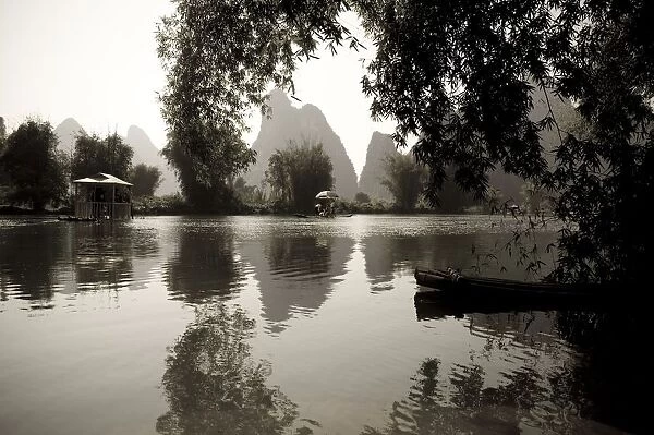 Yulong River, Yangshuo, China; Black And White Scenic Of River
