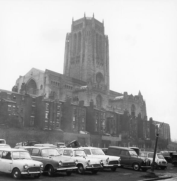 Cars parked outside the Anglican Cathedral in Liverpool. 9th March 1967