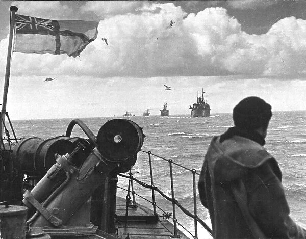 A ship convoy on its way sailing through the North Sea. Sailor Second World