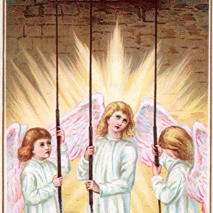 Three angels ringing bells on a Christmas card