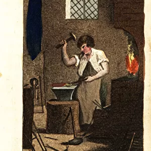 Blacksmith using hammer and tongs to beat