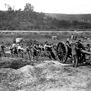 British gunners getting big gun into position, WW1