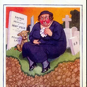 Comic postcard, Grieving woman in cemetery Date: 20th century