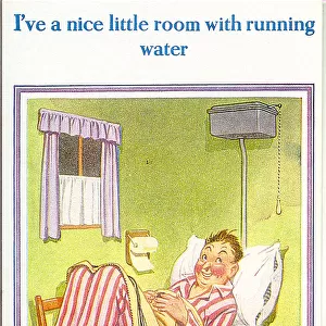 Comic postcard, Man sleeping in toilet at seaside hotel Date: 20th century