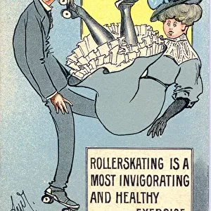 Comic postcard, Man and woman rollerskating Date: early 20th century