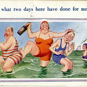 Comic postcard, Woman with bottle of beer in the sea