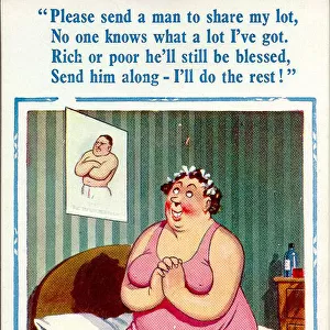Comic postcard, Woman kneeling in bed, praying for a man Date: 20th century