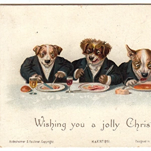 Three dogs eating their dinner on a Christmas card