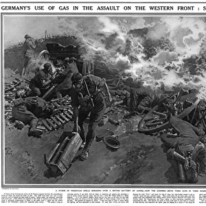 Gunners working through German gas attack by Matania