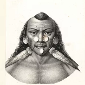 Matses warrior with facial tattoos, shells and feathers